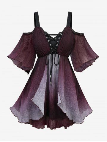 Plus Size Ombre Lace-Up Grommets Ruffles Lace Trim Cold Shoulder Blouse - PURPLE - 3X | US 22-24