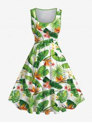 Plus Size Tropical Leaf Flower Print Hawaii 1950s Vintage Dress -  