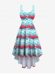 Plus Size Coconut Tree Flower Colorblock Print High Low Hawaii Cami Dress -  