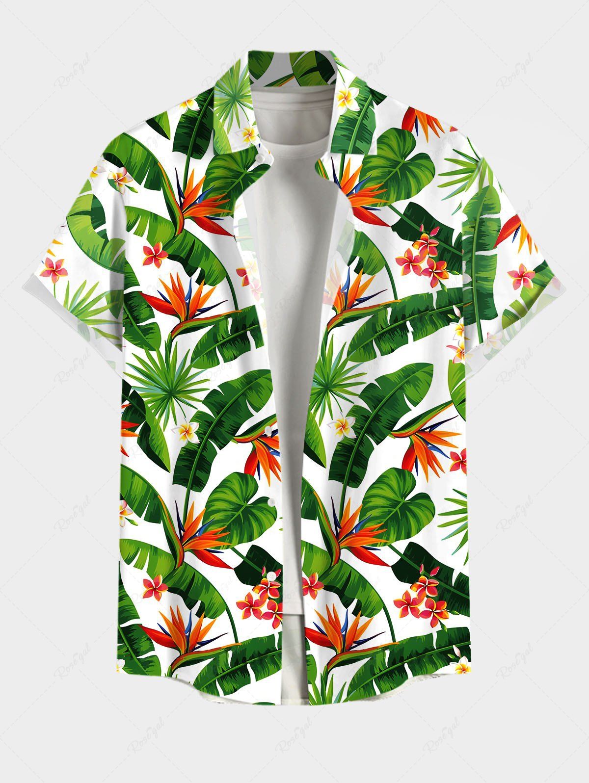 Outfit Plus Size Tropical Leaf Flower Print Buttons Pocket Hawaii Shirt For Men  