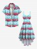 Plus Size Coconut Tree Flower Colorblock Print Buttons Pocket Hawaii Shirt For Men -  