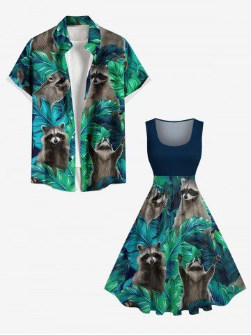 Tropical Leaf Little Raccoon Print Plus Size Matching Hawaii Beach Outfit For Couples - DEEP GREEN