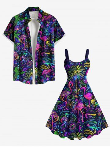 Costume de Plage Flamant Coloré Noix de Coco et Arbre Imprimés de Grande Taille Assortis pour Femmes - MULTI