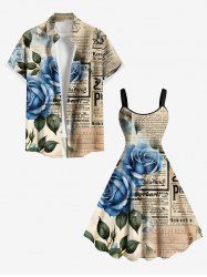 Rose Flower Distressed Newspapaer Print Valentines Plus Size Matching Hawaii Beach Outfit For Couples -  