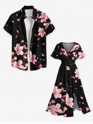 Peach Blossom Petals Flower Print Plus Size Matching Hawaii Beach Outfit For Couples -  