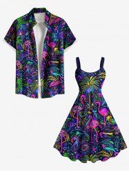 Colorful Flamingo Coconut Tree Print Plus Size Matching Hawaii Beach Outfit For Couples -  