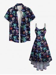 Coconut Tree Flamigo Sun Sea Waves Juice Neon Print Plus Size Matching Hawaii Beach Outfit For Couples -  