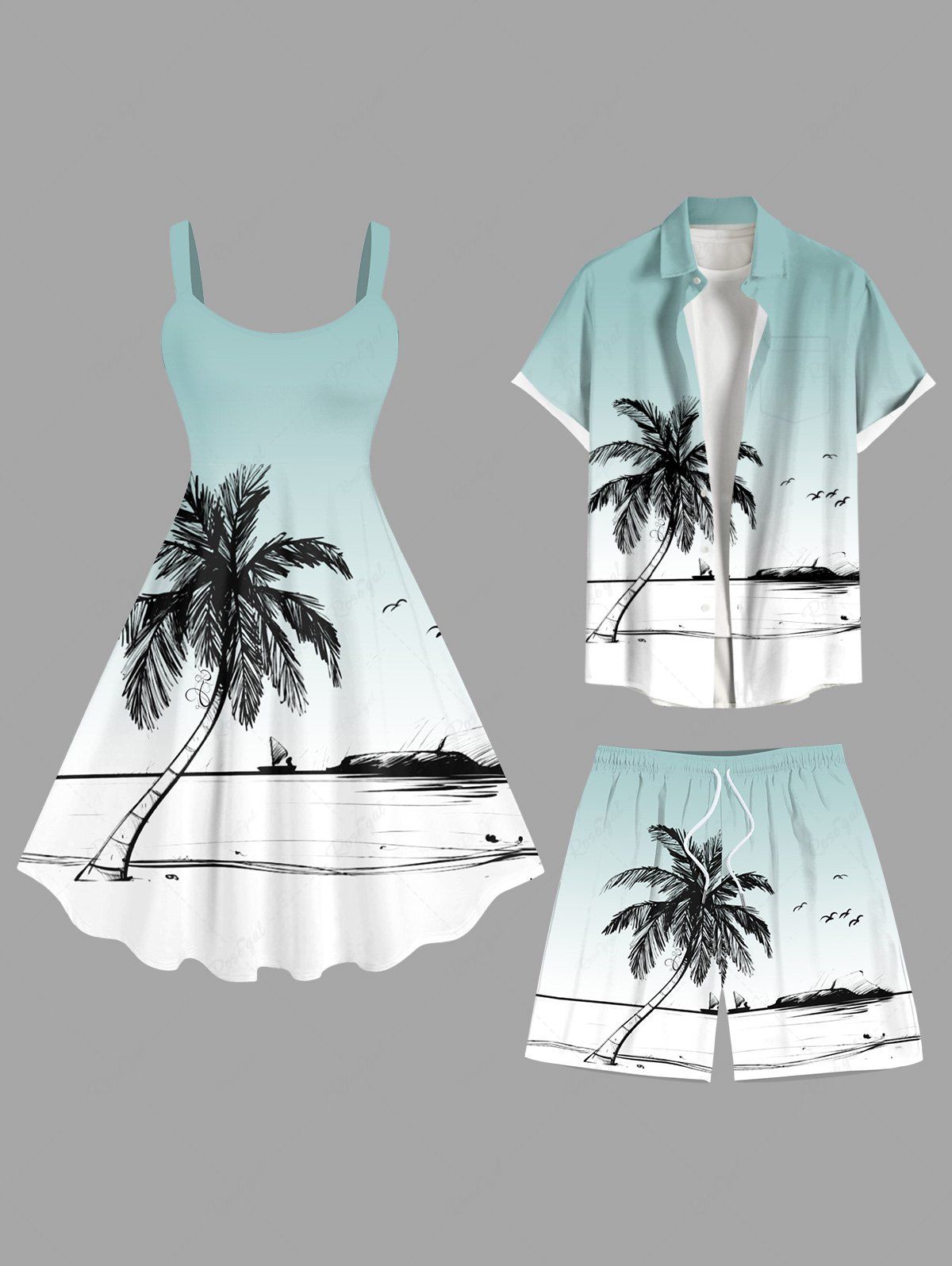 Coconut Tree Seagull Sailboat Ombre Print Plus Size Matching Hawaii Beach Outfit For Couples
