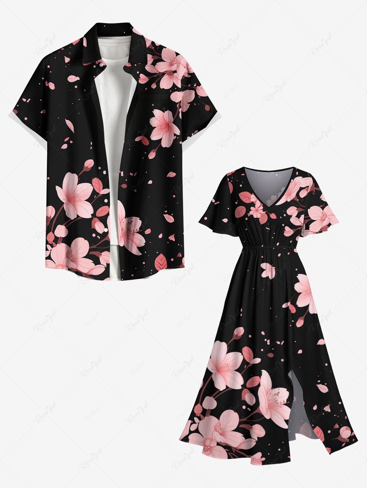 Fancy Peach Blossom Petals Flower Print Plus Size Matching Hawaii Beach Outfit For Couples  