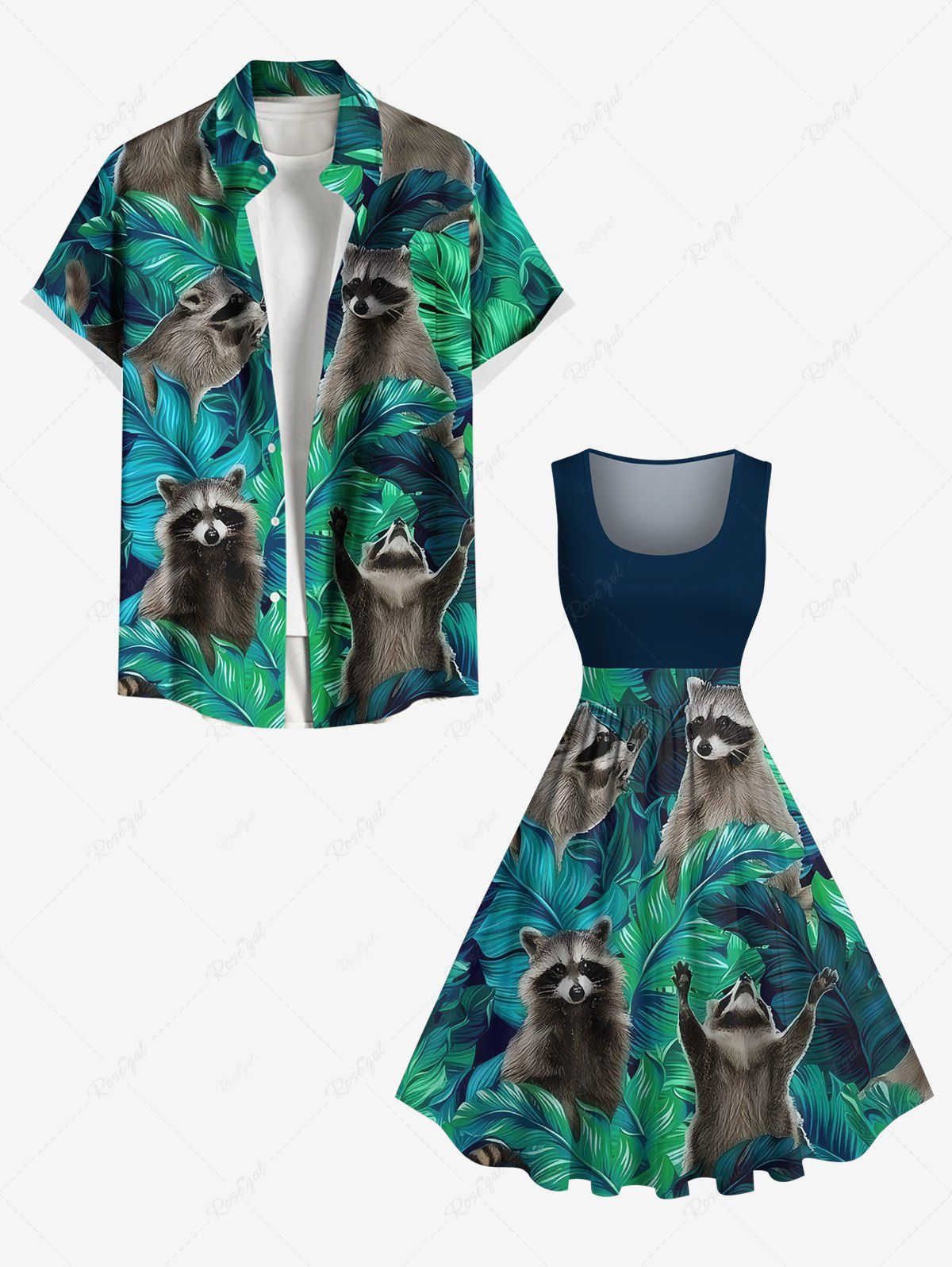 Discount Tropical Leaf Little Raccoon Print Plus Size Matching Hawaii Beach Outfit For Couples  