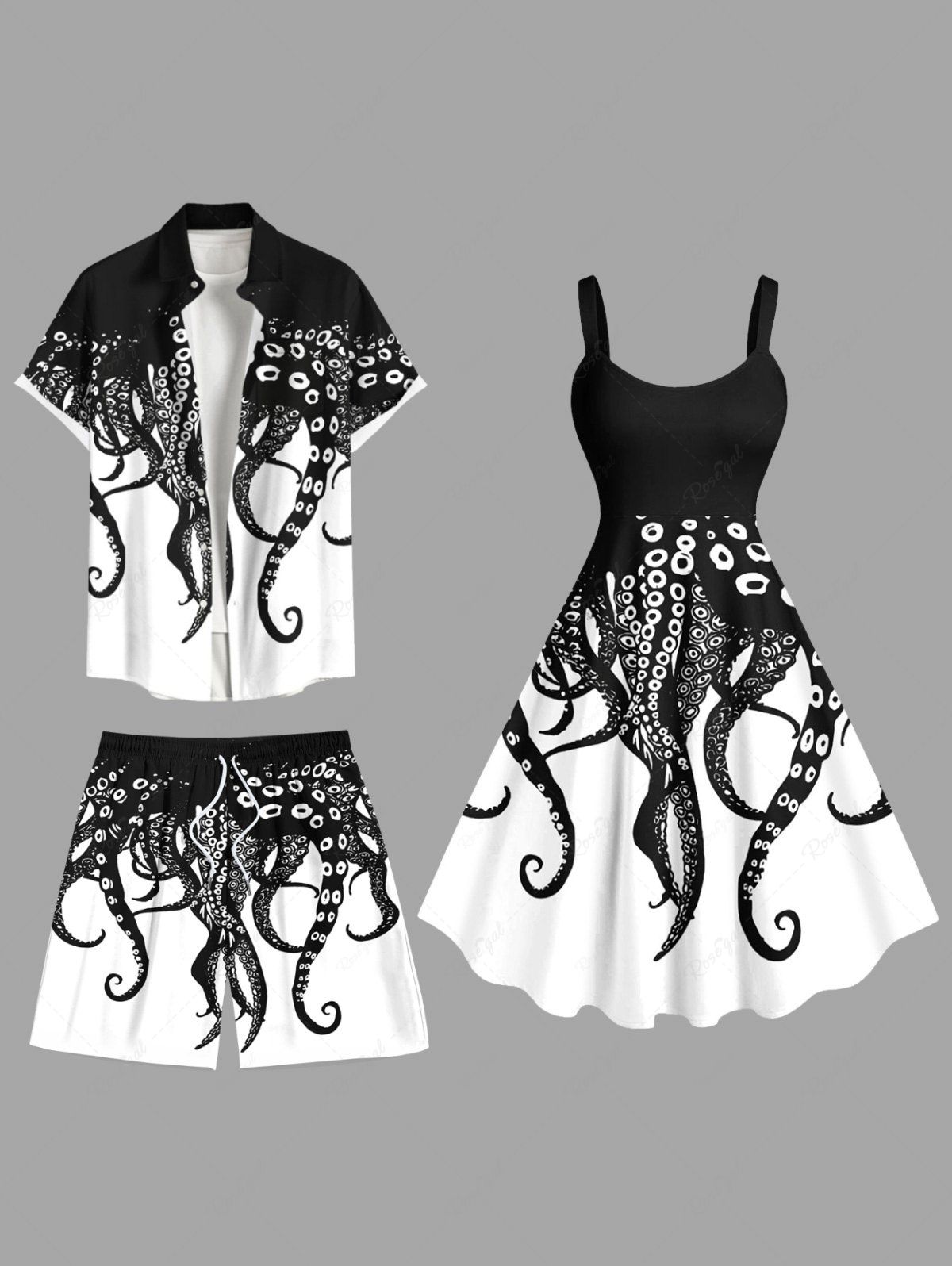 Outfits Octopus Two Tone Print Plus Size Matching Dress and Shirt For Couples  