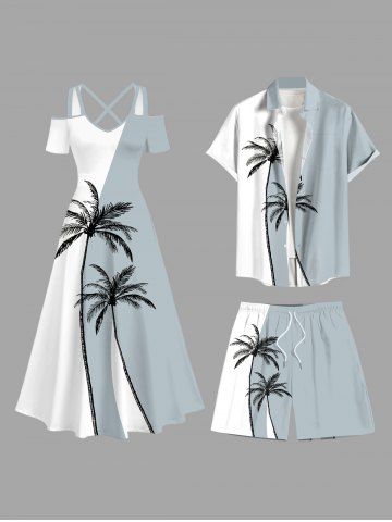 Coconut Tree Colorblock Print Plus Size Matching Hawaii Beach Outfit For Couples