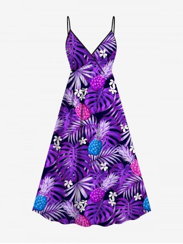 Plus Size Tropical Leaf Flower Pineapple Print Hawaii Cami Dress - PURPLE - L