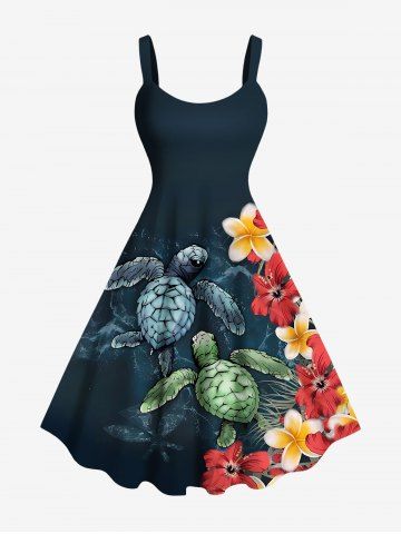 Plus Size Tropical Flowers Turtle Print Hawaii Tank Dress - BLACK - 2X
