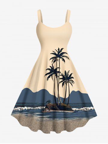 Plus Size Coconut Tree Seascape Sea Waves Colorblock Print Hawaii Tank Dress