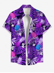 Plus Size Tropical Leaf Flower Pineapple Print Buttons Pocket Hawaii Shirt For Men -  
