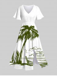Robe Hawaïen Mi-Longue Fendue Arbre de Noix de Coco et Montagne Imprimés de Grande Taille - Blanc 3X