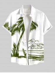 Plus Size Coconut Tree Seascape Cloud Mountain Print Buttons Pocket Hawaii Shirt For Men -  