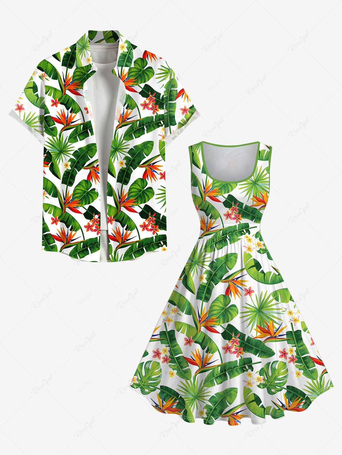Tenue de Plage à Imprimé Feuilles Tropicales Grande-Taille pour Couples Vert 