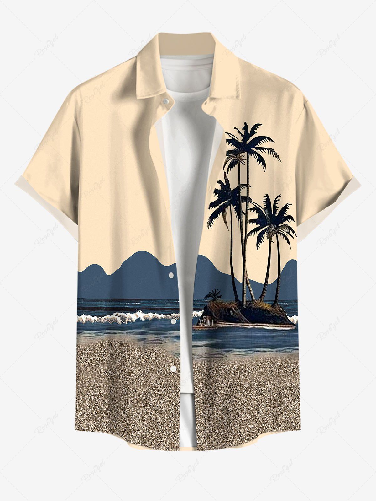 Discount Plus Size Coconut Tree Seascape Sea Waves Colorblock Print Buttons Pocket Hawaii Shirt For Men  
