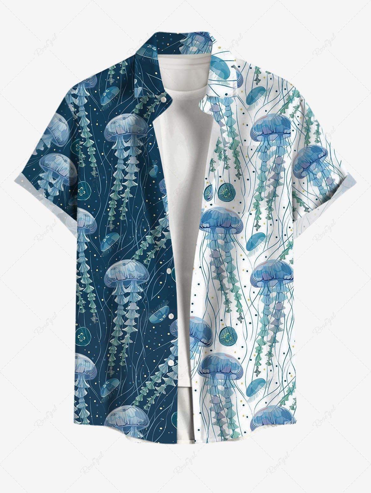 Buy Plus Size Jellyfish Colorblock Print Buttons Pocket Hawaii Shirt For Men  