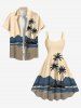 Plus Size Coconut Tree Seascape Sea Waves Colorblock Print Buttons Pocket Hawaii Shirt For Men -  