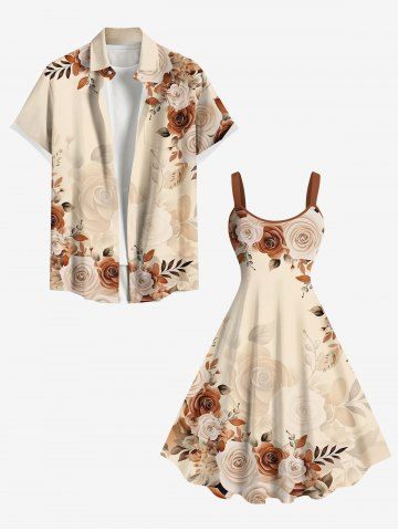 Ombre Rose Flower Leaf Branch Print Plus Size Matching Hawaii Beach Outfit For Couples - APRICOT