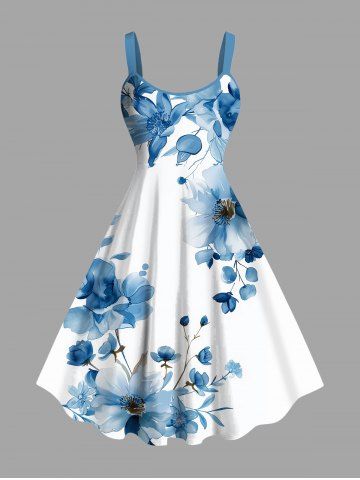 Plus Size Flowers Watercolor Print Hawaii Tank Dress - BLUE - L