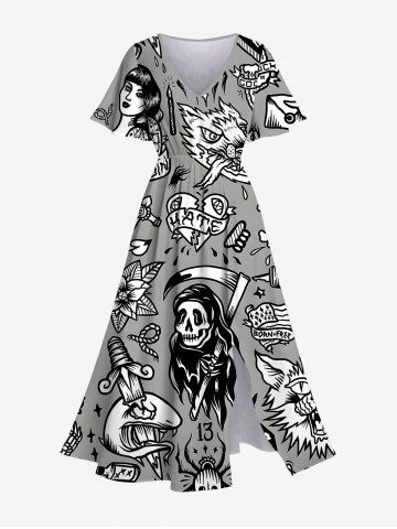 Plus Size Break Heart Skull Cross Print Split Midi Dress - GRAY - XS