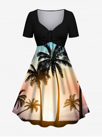 Plus Size Coconut Tree Sunshine Ombre Print Cinched Hawaii Dress - BLACK - 2X