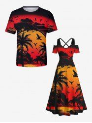 Coconut Tree Ombre Sunset Bird Cloud Print Plus Size Matching Hawaii Beach Outfit For Couples -  