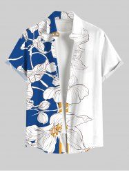 Plus Size Tropical Leaf Flowers Colorblock Print Buttons Pocket Hawaii Shirt For Men - Blanc L