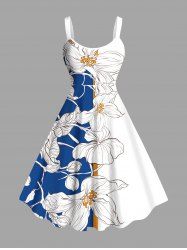 Plus Size Tropical Leaf Flowers Colorblock Print Hawaii Tank Dress -  