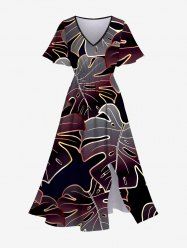 Robe Cache-Coeur Mi-longue à Imprimé Feuille Tropicale Grande Taille - Rouge foncé 5X