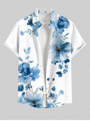Chemise à Imprimé Fleurs à L'Aquarelle avec Boutons et Poche Grande-Taille pour Hommes - Bleu Ciel 4XL
