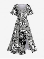Robe Mi-Longue Fendue Croisée Cœur Crâne Imprimée de Grande Taille - Gris L
