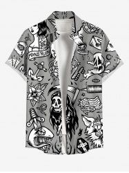 Chemise Imprimé Crâne et Coeur à Boutons Grande Taille avec Poche pour Homme - Noir S