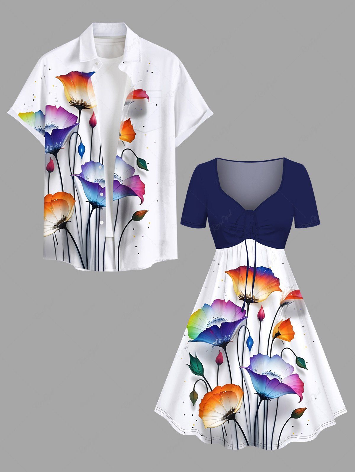 Costume de Plage Grande Taille Imprimé Floral Peinture D'encre Ajustée Bleu profond 