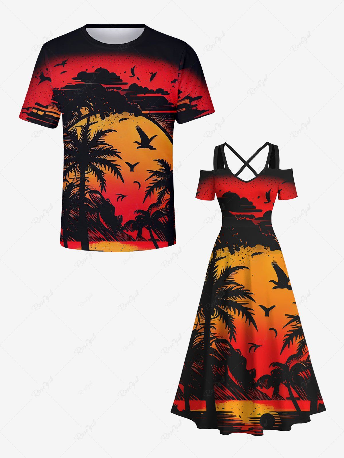 Buy Coconut Tree Ombre Sunset Bird Cloud Print Plus Size Matching Hawaii Beach Outfit For Couples  