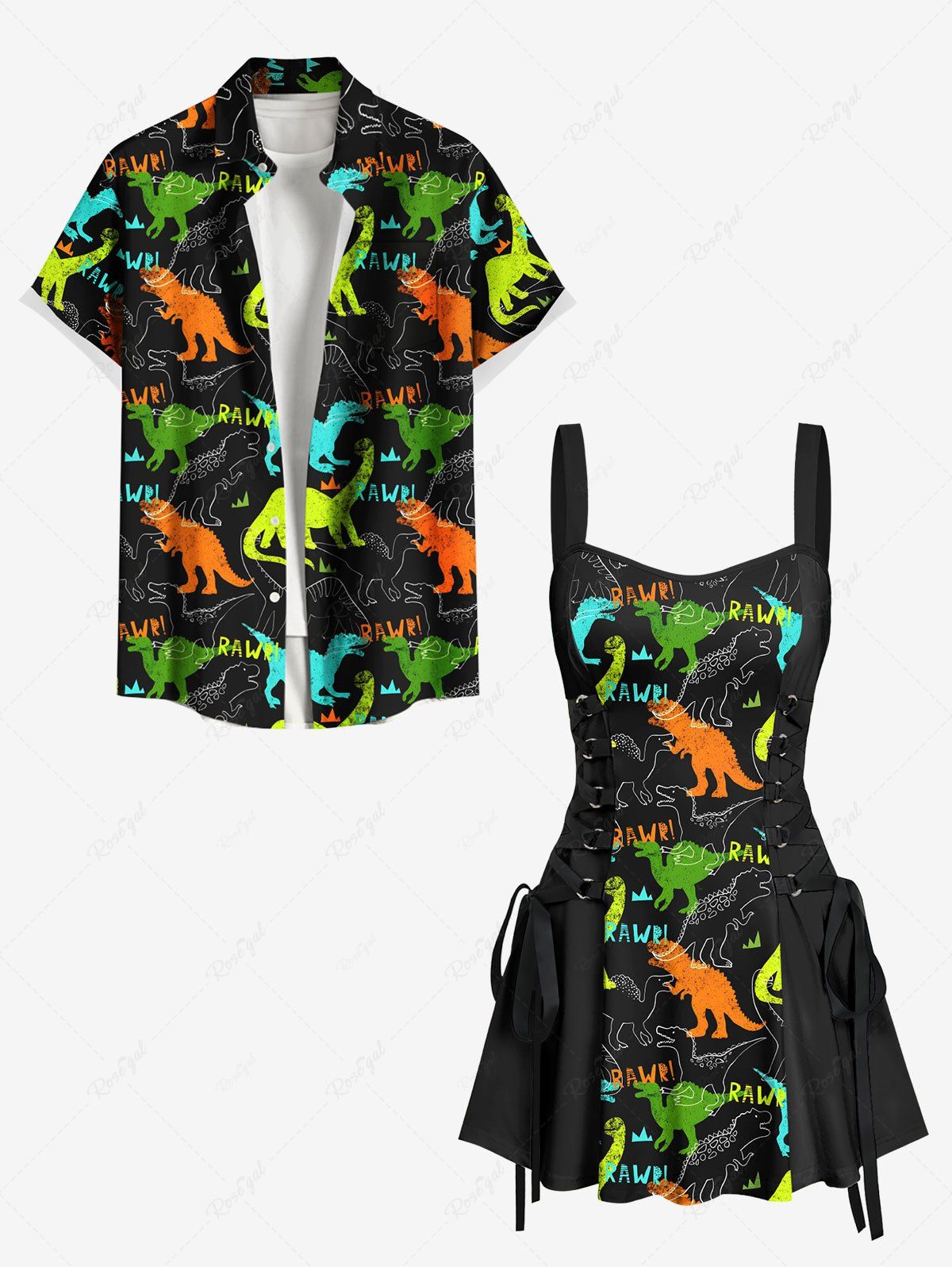 Tenue de Plage Costume Colorée Jointive Dinosaure Imprimé pour Couple Noir 