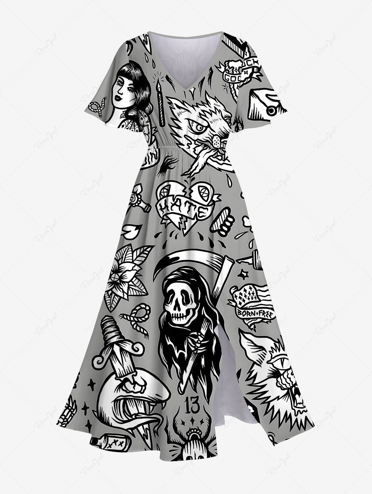 Trendy Plus Size Break Heart Skull Cross Print Split Midi Dress  