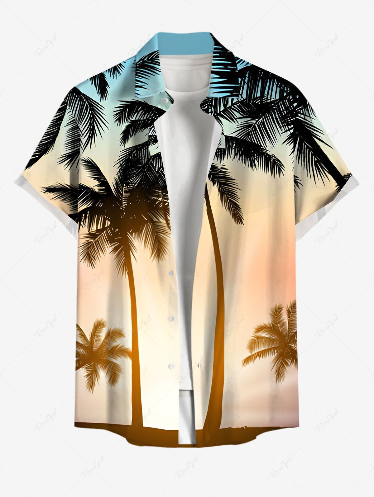 Shops Plus Size Coconut Tree Sunshine Ombre Print Buttons Pocket Hawaii Shirt For Men  