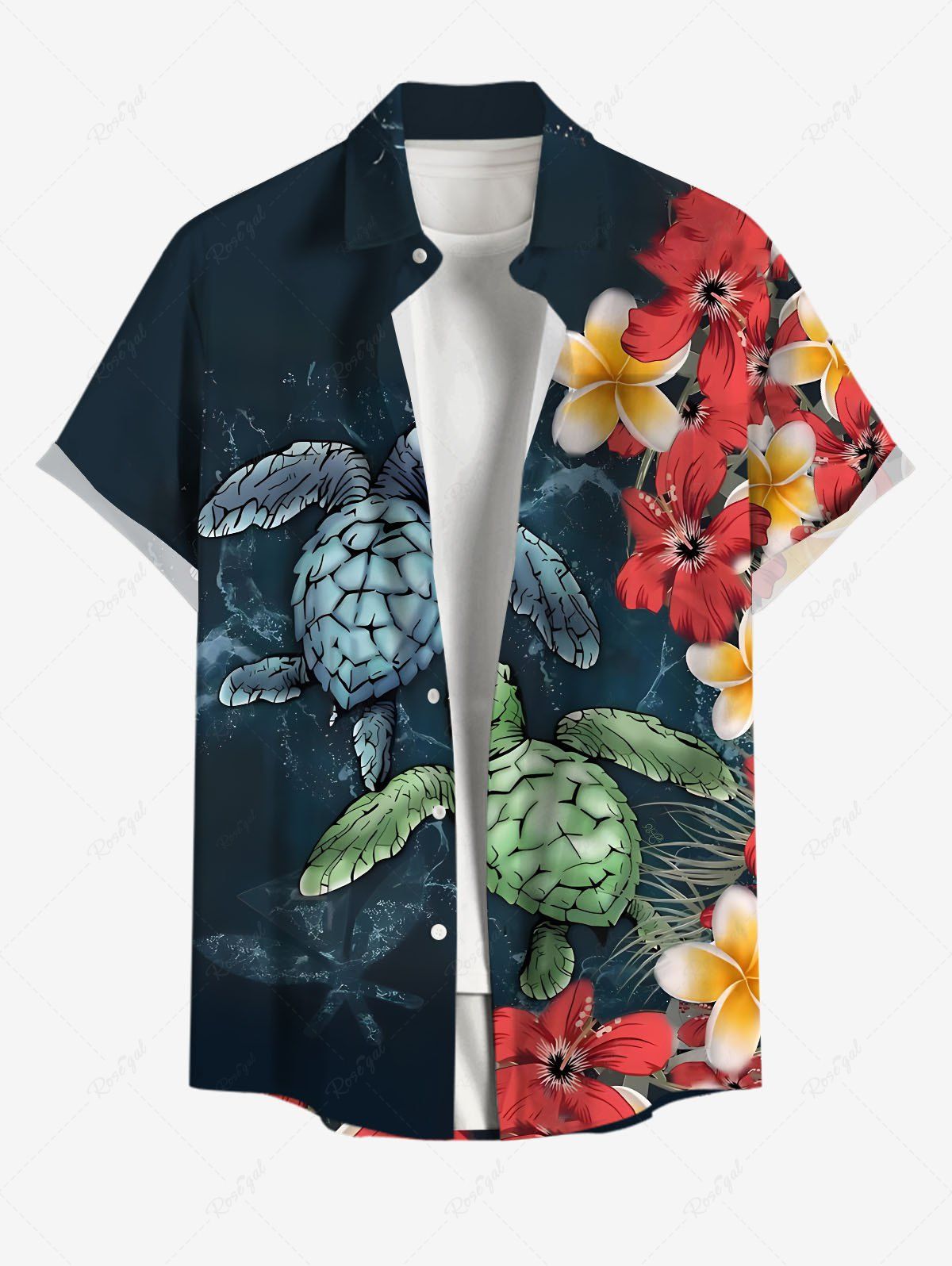 Shop Plus Size Tropical Flowers Turtle Print Buttons Pocket Hawaii Shirt For Men  