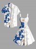 Plus Size Tropical Leaf Flowers Colorblock Print Buttons Pocket Hawaii Shirt For Men - Blanc L