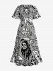 Robe Mi-Longue Fendue Croisée Cœur Crâne Imprimée de Grande Taille - Gris L