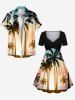 Plus Size Coconut Tree Sunshine Ombre Print Buttons Pocket Hawaii Shirt For Men -  