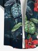 Plus Size Tropical Flowers Turtle Print Buttons Pocket Hawaii Shirt For Men -  