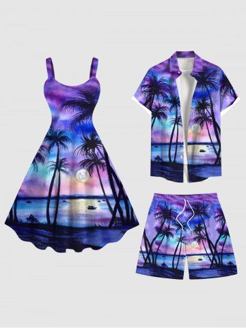 Full Moon Coconut Tree Ombre Print Plus Size Matching Hawaii Beach Outfit For Couples - PURPLE