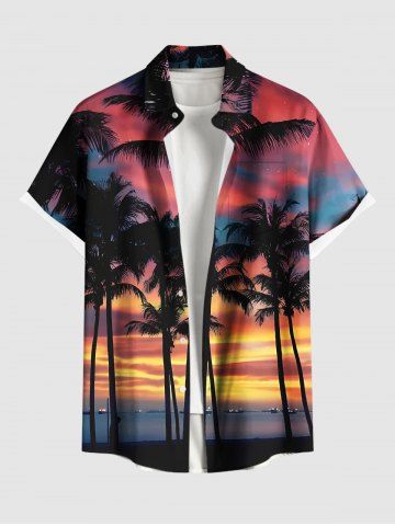 Plus Size Coconut Tree Ombre Sky Seascape Print Buttons Pocket Hawaii Shirt For Men