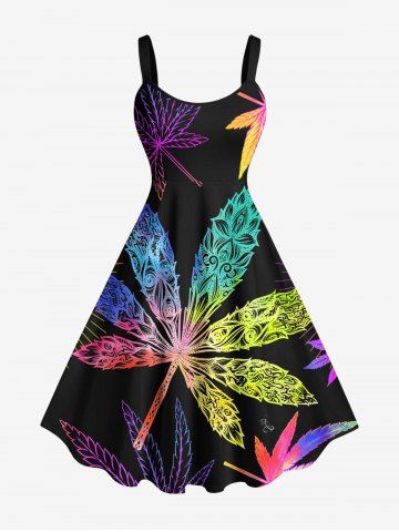 Plus Size Colorful Maple Floral Pattern Print Hawaii Tank Dress